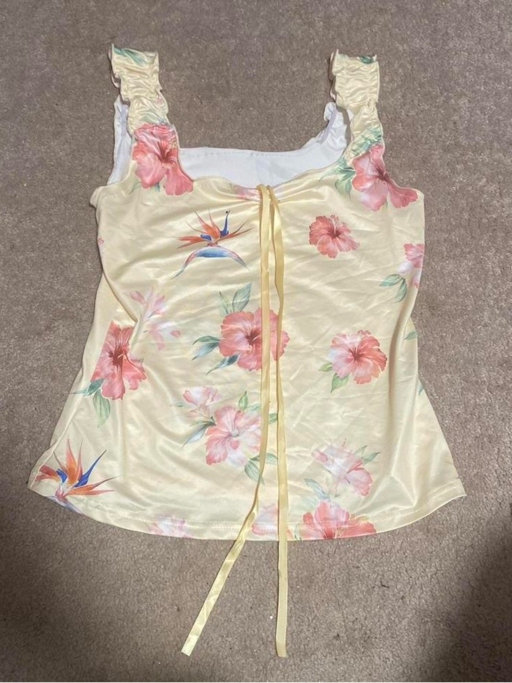 Floral Satin Tie-Front Tank Top in Pale Yellow